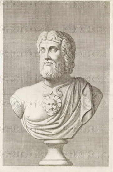 Bust of a bearded man, facing left, print, album page, Series number, 94, 98, with a series of prints after the sculptures in the collection of Gerard Reynst., number: '94', printmaker: Hubert Quellinus, Antwerp, printmaker: Gerard de Lairesse, 1646 - 1670, paper, engraving, gravure, height 330 mm x width 203 mm, piece of sculpture, reproduction of a piece of sculpture, A monochrome engraved bust of a bearded man displayed on a pedestal is shown from the chest upward, featuring wavy hair and a full beard with detailed carved curls and a solemn facial expression with deep-set eyes. The figure wears a draped garment over one shoulder and a decorated breastplate with a sculpted mask-like emblem at the center. Fine cross-hatched shading fills the background and defines the contours and textures of the hair, beard, drapery, and stone base.