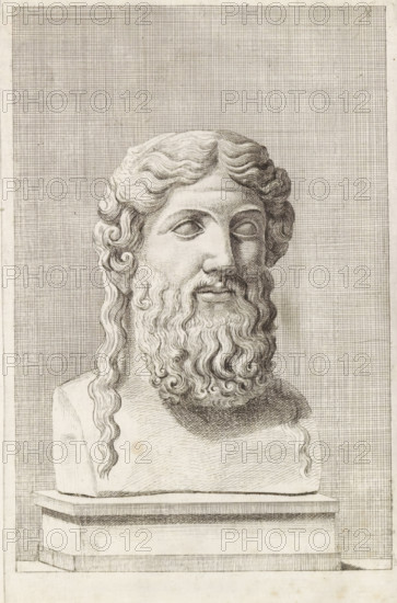 Bust of a Bearded God, print, album page, Series number, 95, 98, with a series of prints after the sculptures in the collection of Gerard Reynst., number: '95', printmaker: Hubert Quellinus, Antwerp, printmaker: Gerard de Lairesse, 1646 - 1670, paper, engraving, gravure, height 330 mm x width 195 mm, piece of sculpture, reproduction of a piece of sculpture, A detailed engraved bust of a bearded man is shown against a finely crosshatched background, with wavy hair parted at the center and long curls falling to the shoulders, a full curly beard covering the lower face, closed or blank eyes, a straight nose, and a neutral mouth; the bust rests on a rectangular plinth with layered edging, and the entire image is rendered in precise line work and shading on aged paper.