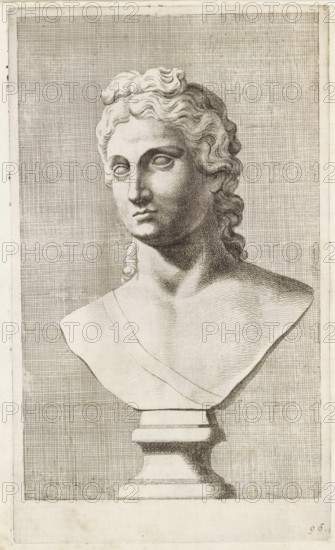 Bust of Apollo or Diana, print, album page, Series number, 96, 98, with a series of prints after the sculptures in the collection of Gerard Reynst., number: '96', printmaker: Hubert Quellinus, Antwerp, printmaker: Gerard de Lairesse, 1646 - 1670, paper, engraving, height 330 mm x width 194 mm, piece of sculpture, reproduction of a piece of sculpture, A detailed engraving of a classical bust depicted from the shoulders up, showing a sculpted head with wavy hair pulled back in curls and a smooth, idealized face with closed or lightly defined eyes, a straight nose, and a slightly parted mouth. The bust rests on a stepped pedestal and is draped with a single cloth across one shoulder. Fine crosshatching and stippling create shading across the neck, chest, and hair, and a grid-like hatched background fills the rectangular frame around the figure. The image is monochrome with visible paper texture and margins.