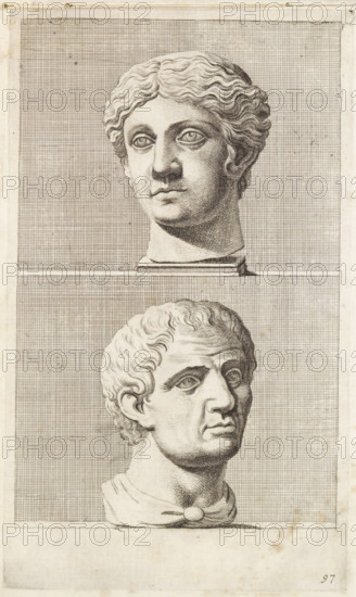 Bust of a woman and a man, print, album page, Series number, 97, 98, with a series of prints after the sculptures in the collection of Gerard Reynst., number: '97', printmaker: Hubert Quellinus, Antwerp, printmaker: Gerard de Lairesse, 1646 - 1670, paper, engraving, gravure, height 330 mm x width 194 mm, piece of sculpture, reproduction of a piece of sculpture, male persons from classical history, female persons from classical history, A vertical engraving showing two classical carved heads stacked one above the other against a grid-patterned background, the upper head depicted on a small plinth with wavy hair, full eyes, a straight nose, and a closed mouth, and the lower head shown from a slightly turned angle with shorter curly hair, pronounced brow and cheek lines, a draped garment fastened at the throat, and a similarly neutral expression, all rendered in fine line work on aged paper with a faint border around the sheet.
