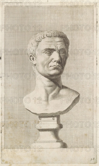 Bust of a young man, facing right, print, album page, Series number, 98, with a series of prints after the sculptures in the collection of Gerard Reynst., number: '98', printmaker: Hubert Quellinus, Antwerp, printmaker: Gerard de Lairesse, 1646 - 1670, paper, engraving, gravure, height 327 mm x width 194 mm, piece of sculpture, reproduction of a piece of sculpture, male persons from classical history, A monochrome engraved image of a classical male bust on a pedestal centered against a finely crosshatched rectangular background, showing a frontal three-quarter view of the head and upper chest with short curled hair, defined brow, deep-set eyes, straight nose, and closed lips, the neck and collarbone rendered with shading lines and the bust resting on a carved plinth with rounded profile, all framed by a narrow blank margin.