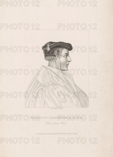 Portrait of Henricus Cornelius Agrippa von Nettesheim, print, Portrait of Henricus Cornelius Agrippa von Nettesheim in a rectangular frame. His name in the lower margin., printmaker: Robert Cooper, London, after print by anonymous, publisher: Baldwyn, Charles & Henry, 1795 - 1839, after print by, paper, etching, stippelets, etching and stippelets, height 218 mm x width 147 mm, Person, Heinrich Cornelius Agrippa von Nettesheim, A monochrome profile portrait of a man facing right, wearing a dark cap with a small decorative element and a strap hanging down, his hair cropped above the ears; he is draped in a voluminous, textured cloak with visible folds and shading, all rendered within a rectangular border on a light, lightly speckled background.