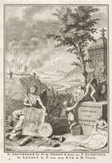 Contemporary History of France, Volume IV, Title page for: Thomas Salmon, Contemporary History or The Continuation of General History, 1772, Allegory on the History of France, print, title page, Landscape with a battle. In the foreground, History holding a painting and a medallion bearing the portraits of King Clovis and his wife Clothilde. On the right, putti with the coat of arms and a map of France and a rooster as a symbol of France. On a pedestal, the title in Dutch., printmaker: Jan Caspar Philips, Amsterdam, publisher: Groot en Zoon, Gerrit de, publisher: Petrus Schouten, publisher: Pieter van der Eyk, Leiden, publisher: Daniel Vijgh, 1771, paper, etching, engraving, etching and engraving, height 173 mm x width 122 mm, Title page for: Salmon, Thomas. Contemporary History or The Continuation of General History, Gerrit de and Schouten, Petrus, Leiden: Eyk, Pieter van der and Vijgh, Daniel, 1772. Print originating from a scrapbook with title prints, ornaments etc. on blue paper, di...