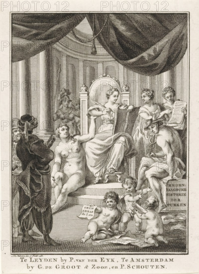 Title page for: Sn, Contemporary History or The Continuation of General History, 1767, Contemporary History of the Turks, Allegorical representation with History, Truth, Knowledge of Antiquities and Prudence, print, title page, The personification of History recording history from her throne. She is supported by Truth, Knowledge of Antiquities, and Prudence. In the foreground, Mercury, three putti and two men with turbans., printmaker: Reinier Vinkeles (I), publisher: Groot en Zoon, Gerrit de, Amsterdam, publisher: Petrus Schouten, publisher: Pieter van der Eyk, Leiden, publisher: Daniel Vijgh, 1768, paper, etching, engraving, etching and engraving, height 169 mm x width 123 mm, Title page for: Sn Hedendaagsche historie of Het vervolg van de Algemeene historie, Gerrit de and Schouten, Petrus, Leiden: Eyk, Pieter van der, 1767. Print originating from a scrapbook with title prints, ornaments, etc. on blue paper, disassembled in 1983. According to a note on the verso, the print was locate...