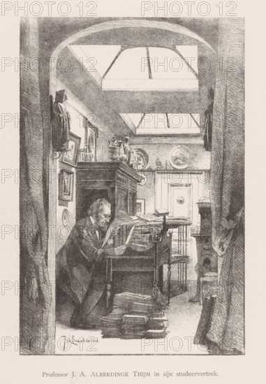 Professor JA Alberdingk Thijm in his study, Josephus Albertus Alberdingk Thijm in his study, print, Portrait of Josephus Albertus Alberdingk Thijm in a rectangular frame. He is seated in his study amidst stacks of books and papers. In the lower margin, a line of Dutch text in letterpress., printmaker: Johan Braakensiek, Amsterdam, 1889 - 1940, paper, chine collé, lithography, letterpress printing, lithography and text in letterpress on chine collé, height 270 mm x width 197 mm, Person, Josephus Albertus Alberdingk Thijm, scholar in his study, A monochrome illustration of a narrow interior room seen through an arched doorway, showing a seated bearded man leaning over a cluttered desk piled with papers and books, surrounded by stacked volumes on the floor and additional furniture. Shelves and a tall cabinet behind the man hold pitchers, plates, framed pictures, and glassware. Skylights in the ceiling cast light into the space, and curtains or drapery frame both sides of the doorway. The ...