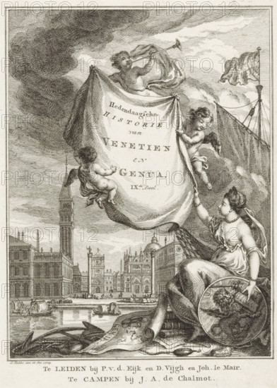 Contemporary History of Venice and Genoa, Part 9, Title page before: Sn, Contemporary History or The Continuation of General History, 1779, Allegory of Venice and Genoa, print, title page, Three putti hold a cloth with the title in the air. On the right sits a woman with a shield bearing a lion. At her feet lie a map of Genoa, an anchor, and books. In the background a view of Venice., printmaker: Simon Fokke, after design by, publisher: Pieter van der Eyk, Leiden, publisher: Daniel Vijgh, publisher: Johannes Le Mair, publisher: Jacques Alexandre Chalmot, Kampen, paper, etching, engraving, etching and engraving, height 166 mm x width 121 mm, Title page for: *Sn* Hedendaagsche historie of Het vervolg van de Algemeene historie, IXth Part. Leiden: Eyk, Pieter van der, Vijgh, Daniel, Le Mair, Johannes, Kampen: Chalmot, Jacques Alexandre, 1779. Print originating from a scrapbook with title prints, ornaments etc. on blue paper, disassembled in 1983. According to a note on the verso, the print...