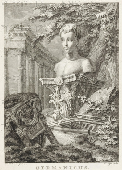 Germanicus, Bust of Germanicus in a landscape, Title page for: Lucretia Wilhelmina van Merken, Germanicus in sixteen books, 1779, print, title page, Bust of the Roman general Germanicus, on a pedestal in a landscape with a classical ruin with a colonnade. On the ground lie two fasces and a commander's staff., printmaker: Reinier Vinkeles (I), after design by Reinier Vinkeles (I), publisher: Pieter Meyer, Amsterdam, 1778, Reinier Vinkeles (I), Pieter Meyer, printmaker, publisher, paper, engraving, height 188 mm x width 139 mm, Title page for: Merken, Lucretia Wilhelmina van. Germanicus in twelve books. Amsterdam: Meyer, Pieter, 1779. Print from a scrapbook with title prints, ornaments, etc. on blue paper, disassembled in 1983. According to a note on the verso, the print was located on p. 104 of this album., Person, commander-in-chief, general, marshal, A detailed engraving shows a classical bust of a youthful figure set among architectural fragments and foliage, with the bust positioned...