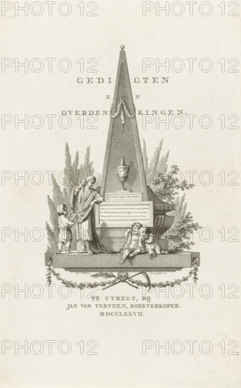 Obelisk with grieving putti, Title page for: Hieronymus van Alphen, Poems and Meditations, 1777, print, title page, A memorial column for Johanna Maria van Goens. On the right two grieving putti. On the left a grieving woman and putto with lyre., printmaker: Reinier Vinkeles (I), publisher: Jan van Terveen, Utrecht, paper, etching, engraving, etching and engraving, height 228 mm x width 145 mm, Title page for: Alphen, Hieronymus van. Poems and Meditations. Utrecht: Terveen, Jan van, 1777. Print from a scrapbook with title prints, ornaments, etc. on blue paper, disassembled in 1983. According to a note on the verso, the print was on p. 76 of this album., mourning the dead, needle, obelisk (marking grave), A tall triangular monument topped with a small sphere stands on a rectangular base framed by leafy plants, with a draped garland hanging from near its top and a decorative urn set into its front face; to the left of the monument a standing robed figure reaches down toward a small child...