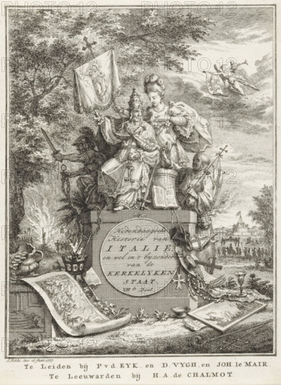 Allegory on the Papal States, Contemporary History of Italy, and particularly of the Ecclesiastical State, Volume VII, Title page before: Sn, Contemporary History or The Continuation of General History, 1777, print, title page, A pope sits on a pedestal. Pride whispers something in his ear; in her hand she holds a flag with a Madonna. To his left and right sit an armed soldier and a masked monk. In the background on the left, a heretic is being burned. On the right in the background a crusade., printmaker: Simon Fokke, after design by, publisher: Pieter van der Eyk, Leiden, publisher: Daniel Vijgh, publisher: Johannes Le Mair, publisher: Jacques Alexandre Chalmot, Leeuwarden, paper, etching, engraving, etching and engraving, height 171 mm x width 129 mm, Title page for: *Sn* Hedendaagsche historie of Het vervolg van de Algemeene historie, VIIth Part. Leiden: Eyk, Pieter van der, Vijgh, Daniel, Le Mair, Johannes, Leeuwarden: Chalmot, Jacques Alexandre, 1777. Print originating from a scr...