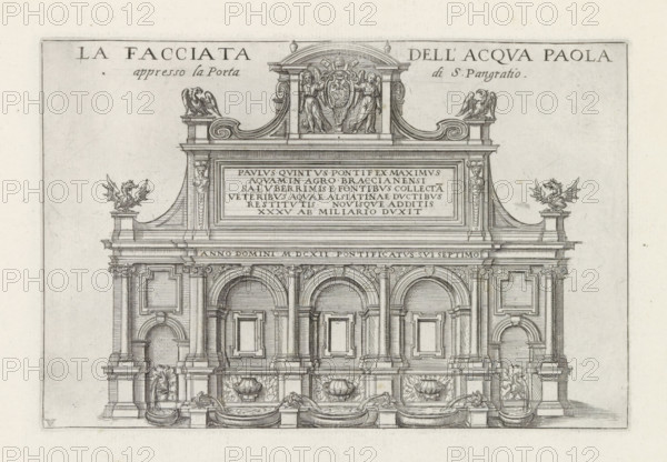 The facade of the Paola Water approaching the Gate of St. Pangratio, Fontana dell'Acqua Paola in Rome, Monuments and buildings erected during the pontificates of Popes Paul V and Sixtus V, print, album page, Series number, 5, 12, View of the Fontana dell'Acqua Paola in Rome. Title in Italian above the image. Print is part of an album., inscription: 'Ende lib. No. 23. fol. 52., Ende lib. No. 21. fol. 51. 52. Ende lib. No. 2. fol. 119. Ende lib. No. 8. folio 86 et 87.', number: '10', printmaker: Matthäus Greuter, Rome, grantor of privilege: Paul V, Vatican City, 1618, paper, engraving, height 150 mm x width 225 mm, This print is part of a series of twelve prints depicting monuments and buildings erected during the pontificates of Pope Paul V and Sixtus V., ornamental fountain, Fontana dell'Acqua Paola, A detailed architectural engraving of a classical façade with ornate decorative elements, including an arched central section flanked by pilasters and columns, rectangular recessed panels,...