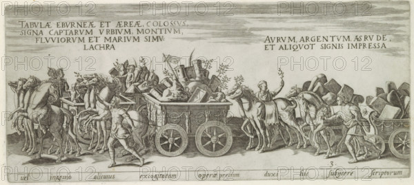 Triumphal procession with chariots carrying the spoils of war, Vel ingenio alicuius excogitatam operae precium duxi hic subijcere scriptorum, Amplissimi ornatißimiq triumphi, uti. L. PAVLVS DE rege Macedonum Perse capto, P. Africanus Aemilianus de Carthage: nensibus excisis. C N. Pompeius Magnus ex oriente, Julius Augus: tus, Vespasianus, Roman triumphs, print, album page, Series number, 3, 11, Procession of chariots with war booty pulled by horses. Title in Latin in bottom margin. Print is part of an album., number: '103', inscription: 'lib. 1. fol. 8 ..., lib. 2. fol. 8.', printmaker: Onofrio Panvinio, Italy, after drawing by Jan Snellinck (I), Antwerp, after design by Maarten van Heemskerck, publisher: Govert van Schayck, Rome, 1618, paper, engraving, gravure, height 155 mm x width 354 mm, This print is part of a series of 11 prints (title print) depicting Roman triumphs. This series has been published in six editions (1 Gerard de Jode, 1577-85, 2 Cornelis de Jode, 1596, 3 Govert va...