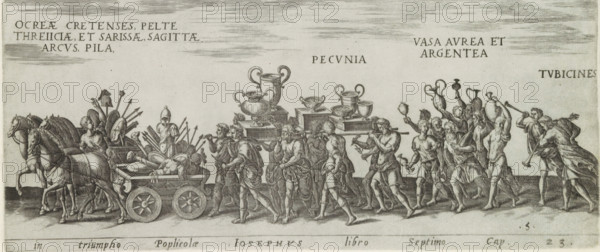 In triumpho Poplicolae, Iosephus libro Septimo Cap. 23, Triumph procession with wagons carrying war booty and men carrying craters with coins, Amplissimi ornatißimiq triumphi, uti. L. PAVLVS DE rege Macedonum Perse capto, P. Africanus Aemilianus de Carthage: nensibus excisis. C N. Pompeius Magnus ex oriente, Julius Augus: tus, Vespasian, Roman triumphs, print, album page, Series number, 5, 11, Procession of chariots with war booty pulled by horses and with men carrying craters full of coins. Title in Latin in bottom margin. Print is part of an album., number: '105', inscription: 'lib. 1. fol. 8 ..., lib. 1. fol. 8., lib. 1. fol. 8.', printmaker: Onofrio Panvinio, Italy, after drawing by Jan Snellinck (I), Antwerp, after design by Maarten van Heemskerck, publisher: Govert van Schayck, Rome, 1618, paper, engraving, gravure, height 155 mm x width 361 mm, This print is part of a series of 11 prints (title print) depicting Roman triumphs. This series has been published in six editions (1 Ge...