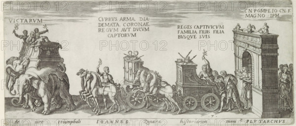 De iure triumphali Ioannes Zonara historiarum tomo 2 Plutarch, Triumph procession with elephants, triumphal chariots and a triumphal arch, Amplissimi ornatißimiq triumphi, uti. L. PAVLVS DE rege Macedonum Perse capto, P. Africanus Aemilianus de Carthage: nensibus excisis. C N. Pompeius Magnus ex oriente, Julius Augus: tus, Vespasianus, Roman triumphs, print, album page, Series number, 7, 11, Procession of elephants, triumphal chariots pulled by horses and women with children walking under a triumphal arch. Title in Latin in bottom margin. Print is part of an album., number: '107', inscription: 'lib. 1. fol. 24', printmaker: Onofrio Panvinio, Italy, after drawing by Jan Snellinck (I), Antwerp, after design by Maarten van Heemskerck, publisher: Govert van Schayck, Rome, 1618, paper, engraving, gravure, height 154 mm x width 361 mm, This print is part of a series of 11 prints (title print) depicting Roman triumphs. This series has been published in six editions (1 Gerard de Jode, 1577-85,...