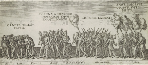 Triumph procession with prisoners, soldiers, lictors and priests, In vita Pauli aemilij Appianus Alexandrinus in Lijbico, Roman triumphs, Amplissimi ornatißimiq triumphi, uti. L. PAVLVS DE rege Macedonum Perse capto, P. Africanus Aemilianus de Carthage: nensibus excisis. C N. Pompeius Magnus ex oriente, Julius Augus: tus, Vespasianus, print, album page, Series number, 8, 11, Procession of prisoners, Roman soldiers, lictors and priests with smoking incense. Title in Latin in bottom margin. Print is part of an album., number: '108', inscription: 'lib. 1. fol. 24', printmaker: Onofrio Panvinio, Italy, after drawing by Jan Snellinck (I), Antwerp, after design by Maarten van Heemskerck, publisher: Govert van Schayck, Rome, 1618, paper, engraving, gravure, height 157 mm x width 363 mm, This print is part of a series of 11 prints (title print) depicting Roman triumphs. This series has been published in six editions (1 Gerard de Jode, 1577-85, 2 Cornelis de Jode, 1596, 3 Govert van Schayck, 4 ...