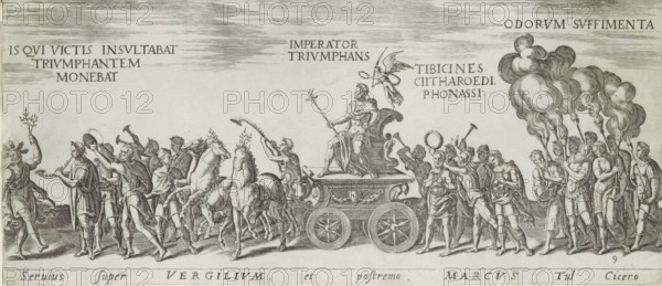 Servius super Vergilium, et postremo, Marcus tul Cicero, Triumph procession with the emperor on a triumphal chariot, Amplissimi ornatißimiq triumphi, uti. L. PAVLVS DE rege Macedonum Perse capto, P. Africanus Aemilianus de Carthage: nensibus excisis. C N. Pompeius Magnus ex oriente, Julius Augus: tus, Vespasian, Roman triumphs, print, album page, Series number, 9, 11, Procession of musicians, priests with smoking incense and the emperor enthroned on a triumphal chariot pulled by horses. Title in Latin in bottom margin. Print is part of an album., number: '109', inscription: 'lib. 1. fol. 16', printmaker: Onofrio Panvinio, Italy, after drawing by Jan Snellinck (I), Antwerp, after design by Maarten van Heemskerck, publisher: Govert van Schayck, Rome, 1618, paper, engraving, gravure, height 156 mm x width 360 mm, This print is part of a series of 11 prints (title print) depicting Roman triumphs. This series has been published in six editions (1 Gerard de Jode, 1577-85, 2 Cornelis de Jode,...
