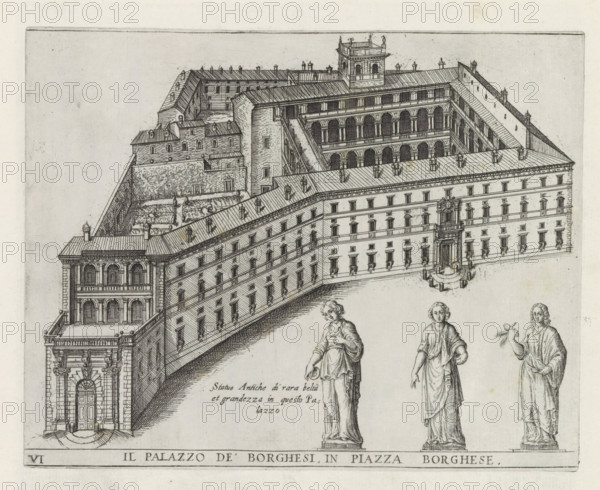 Palazzo Borghese in Rome, Il Palazzo de' Borghesi, in Piazza Borghese, Monuments and buildings erected during the pontificates of Popes Paul V and Sixtus V, print, album page, Series number, 6, 12, View of Palazzo Borghese in Rome. Lower right three statues of female figures. Title in Italian in lower margin. Print is part of an album., number: '11', inscription: 'Ende lib. No. 23. fol. 460., Ende lib. No. 21. fol. 353 354. Ende lib. No. 8. fol. 82.', printmaker: Matthäus Greuter, Rome, publisher: Matthäus Greuter, provider of privilege: Paulus V, Vatican City, 1618, Matthäus Greuter, Paulus V, printmaker, publisher, provider of privilege, paper, engraving, height 178 mm x width 225 mm, This print is part of a series of twelve prints with monuments and buildings erected during the pontificates of Pope Paul V and Sixtus V., piece of sculpture, reproduction of a piece of sculpture, hôtel, ie small palace in city, Palazzo Borghese, A detailed ink drawing shows a large multi-story palace w...