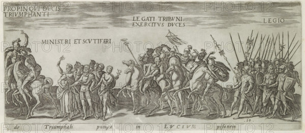 Triumph procession with soldiers and ministers, The triumphali pompa in Lucium pisonem, Roman triumphs, Amplissimi ornatißimiq triumphi, uti. L. PAVLVS DE rege Macedonum Perse capto, P. Africanus Aemilianus de Carthage: nensibus excisis. C N. Pompeius Magnus ex oriente, Julius Augus: tus, Vespasianus, print, album page, Series number, 10, 11, Procession of Roman soldiers and ministers. Title in Latin in bottom margin. Print is part of an album., inscription: 'lib. 1. fol. 8, libr. 1. fol', number: '110', printmaker: Onofrio Panvinio, Italy, after drawing by Jan Snellinck (I), Antwerp, after design by Maarten van Heemskerck, publisher: Govert van Schayck, Rome, 1618, paper, engraving, gravure, height 156 mm x width 360 mm, This print is part of a series of 11 prints (title print) depicting Roman triumphs. This series has been published in six editions (1 Gerard de Jode, 1577-85, 2 Cornelis de Jode, 1596, 3 Govert van Schayck, 4 Giacomo Lauro, 5 Giovanni Giacomo de' Rossi and heirs, 1664...
