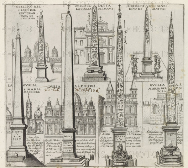 Obelisks in Rome, Monuments and buildings erected during the pontificates of Popes Paul V and Sixtus V, print, album page, Series number, 7, 12, Seven obelisks in Rome: the Obelisco di Villa Medici, the Obelisco Macuteo, the Obelisco Matteiano, the Obelisco Esquilino, the Obelisco Vaticano, the Lateran Obelisk and the Flaminian Obelisk. With each obelisk a caption in Italian. Print is part of an album., number: '12', inscription: 'Ende lib. No. 8. fol. 65. 66. No. 3.', inscription: 'Ende lib. No. 1. fol. 60...', printmaker: Matthäus Greuter, Rome, grantor of privilege: Paul V, Vatican City, 1618, paper, engraving, height 206 mm x width 226 mm, This print is part of a series of twelve prints depicting monuments and buildings erected during the pontificates of Pope Paul V and Sixtus V., obelisk, needle, Piazza del Popolo, Lateran Obelisk, Flaminian Obelisk, A detailed engraving shows multiple tall obelisks on pedestals arranged vertically and horizontally, each with carved surface decora...