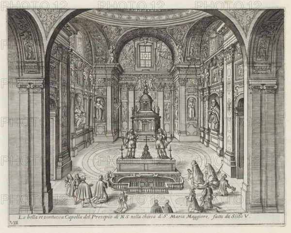Cappella Sistina in the Santa Maria Maggiore in Rome, La bella et sontuosa Capella del Presepio di NS nella chiesa di S. Maria Maggiore, fatta da Sisto V, Monuments and buildings erected during the pontificates of Popes Paul V and Sixtus V, print, album page, Series number, 8, 12, View in the Cappella Sistina in the Santa Maria Maggiore in Rome. Clergy and other faithful kneeling in the chapel. Title in Italian in the lower margin. Print is part of an album., inscription: 'Ende lib. No. 23. fol. 25, Ende lib. No. 21. fol. 488, 489. et 490', number: '13', printmaker: Matthäus Greuter, Rome, grantor of privilege: Paul V, Vatican City, 1618, paper, engraving, height 179 mm x width 226 mm, This print is part of a series of twelve prints depicting monuments and buildings erected during the pontificates of Pope Paul V and Sixtus V., interior of church, parts of church interior: chapel, Santa Maria Maggiore (Rome), Sistine Chapel, An interior view of a large ornate chapel with a high vaulted ...