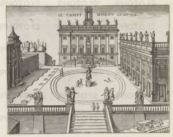 The Campidolio in the year 1618, Capitoline Hill in Rome, Monuments and buildings erected during the pontificates of Popes Paul V and Sixtus V, print, album page, Series number 9, 12, View of the Capitoline Hill with the Piazza del Campidoglio and the palaces with the Capitoline Museums. In the center, the equestrian statue of Marcus Aurelius. Title in Italian above the image. Print is part of an album., inscription: 'Ende lib. No. 23. fol. 705 et 464, Ende lib. No. 21. fol. 402 &...', number: '14', printmaker: Matthäus Greuter, Rome, provider of privilege: Paulus V, Vatican City, 1618, paper, engraving, height 179 mm x width 225 mm, This print is part from a series of twelve prints with monuments and buildings erected during the pontificates of Pope Paul V and Sixtus V., square, circus, city-view, and landscape with man-made constructions, representation of real building (either existing or having existed), Capitol, Piazza del Campidoglio, Palazzo Senatorio (Rome), Capitoline Museums,...