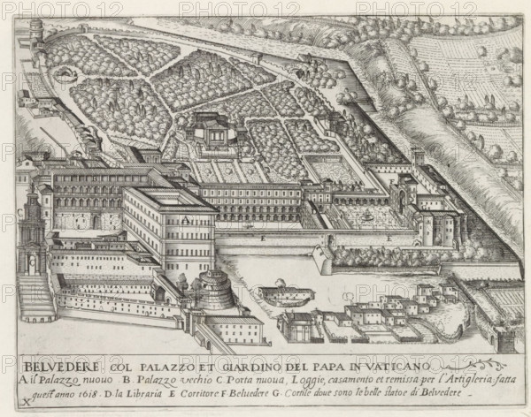 Cortile del Belvedere, the Apostolic Palace and the gardens in Vatican City, Belvedere col palazzo et giardino del papa in Vaticano, Monuments and buildings erected during the pontificates of Popes Paul V and Sixtus V, print, album page, Series number, 10, 12, View of the Vatican, with the Apostolic Palace, the gardens and the Cortile del Belvedere. Title in Italian and an explanatory list with letters in the lower margin. Print is part of an album., inscription: 'Ende lib. No. 23. fol. 803 et 804...', number: '15', printmaker: Matthäus Greuter, Rome, grantor of privilege: Paul V, Vatican City, 1618, paper, engraving, height 175 mm x width 226 mm, This print is part of a series of twelve prints featuring monuments and buildings erected during the pontificates of Pope Paul V and Sixtus V., garden, city-view, and landscape with man-made constructions, palace, representation of a real building (either existing or having existed), Apostolic Palace, A detailed black and white engraving show...