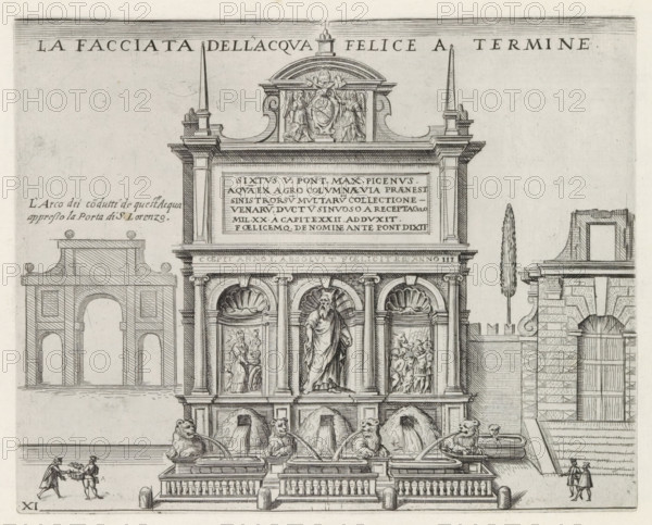 Fontana dell'Acqua Felice in Rome, La facciata dell'Acqua Felice a Termine, Monuments and buildings erected during the pontificates of Popes Paul V and Sixtus V, print, album page, Series number, 11, 12, View of the Fontana dell'Acqua Felice, the Moses Fountain, in Rome. Title in Italian above the image. Print is part of an album., inscription: 'Ende lib. No. 23. fol. 532. 533, Ende lib. No. 22. fol. 512. 513. Ende lib. No. 8 folio 56. 488.', number: '16', printmaker: Matthäus Greuter, Rome, publisher: Matthäus Greuter, grantor of privilege: Paul V, Vatican City, 1618, Matthäus Greuter, Paul V, printmaker, publisher, grantor of privilege, paper, engraving, height 179 mm x width 224 mm, This print is part of a series of twelve prints depicting monuments and buildings erected during the pontificates of Pope Paul V and Sixtus V., ornamental fountain, Fontana dell'Acqua Felice, An architectural engraving showing the facade of a stone fountain structure with a central niche containing a sta...