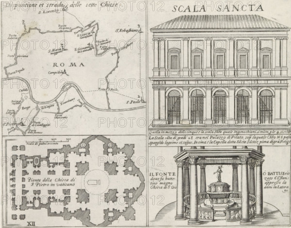 Map of Rome, the Holy Stairs, St. Peter's Basilica and the Lateran Baptistery, Monuments and buildings erected during the pontificates of Popes Paul V and Sixtus V, print, album page, Series number, 12, Sheet with four illustrations. Top left: a map of Rome. Top right: the Holy Stairs in Rome. Bottom left: a floor plan of St. Peter's Basilica in Vatican City. Bottom right: the Lateran Baptistery. Each illustration has a caption in Italian. Print is part of an album., number: '17', inscription: 'Ende lib. No. 1. fol. 3., Ende lib. No. 15. fol. 1...', printmaker: Matthäus Greuter, Rome, grantor of privilege: Paul V, Vatican City, 1618, paper, engraving, height 177 mm x width 224 mm, This print is part of a series of twelve prints depicting monuments and buildings erected during the pontificates of Pope Paul V and Sixtus V., church (exterior), maps, atlases, plan, architecture, St. Peter's Basilica, Holy Stairs, Lateran Baptistery, A detailed black and white engraving divided into section...