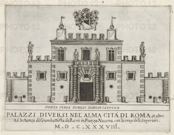 Title print with the gate of the Cappona family in Rome, Porta vinea nobilis familiae Capponae, Famous buildings in Rome and beyond, Palazzi diversi nel'alma cità di Roma, et altre, print, album page, title print, Print is part of an album., number: '18', inscription: 'Ende ... lib. No. 2.', printmaker: Jacobus Laurus, Rome, publisher: Giovanni Battista de' Rossi, grantor of privilege: Urbanus VIII, Vatican City, 1638, Jacobus Laurus, Giovanni Battista de' Rossi, Urbanus VIII, printmaker, publisher, grantor of privilege, paper, etching, height 180 mm x width 235 mm, Title print for a series of prints of famous buildings in Rome and elsewhere., city-gate, A detailed black and white engraved façade of a large rectangular building with a central arched entrance flanked by thick rusticated columns and topped by a balustraded balcony where three nude statues stand in varying poses, one with an arm raised and another holding an object; the façade shows symmetrically placed rectangular window...
