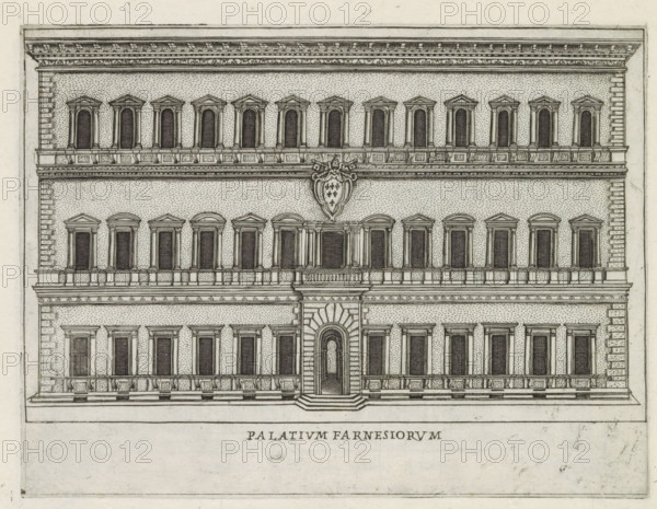 Façade of Palazzo Farnese in Rome, Palatium Farnesiorum, Famous buildings in Rome and beyond, Palazzi diversi nel'alma cità di Roma, et altre, print, album page, Print is part of an album., inscription: 'Ende lib. no. 23. fol. 257 et 811, Ende lib. No. 22. ... fol. 70...', number: '19', printmaker: Jacobus Laurus, Rome, publisher: Giovanni Battista de' Rossi, grantor of privilege: Urbanus VIII, Vatican City, 1638, Jacobus Laurus, Giovanni Battista de' Rossi, Urbanus VIII, printmaker, publisher, grantor of privilege, paper, etching, height 175 mm x width 233 mm, Print is part of a series of prints (title print) of famous buildings in Rome and elsewhere., façade (of house or building), hôtel, i.e. small palace in city, Palazzo Farnese, A detailed pen-and-ink elevation of a multi-story classical building showing symmetrical rows of tall, narrow arched windows with decorative pediments and molded frames, a central arched entrance with rusticated surround and a short flight of steps leading...