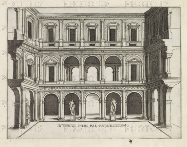 Interior pars Pal. Farnesiorum, Courtyard of Palazzo Farnese in Rome, Famous buildings in Rome and beyond, Palazzi diversi nel'alma cità di Roma, et altre, print, album page, Print is part of an album., number: '20', printmaker: Jacobus Laurus, Rome, after design by Antonio da Sangallo (II), after design by Giacomo Barozzi Vignola, after design by Michelangelo, publisher: Giovanni Battista de' Rossi, grantor of privilege: Urban VIII, Vatican City, 1638, Jacobus Laurus, Antonio da Sangallo (II), Giacomo Barozzi Vignola, Michelangelo, Giovanni Battista de' Rossi, Urban VIII, printmaker, after design by, publisher, grantor of privilege, paper, etching, height 176 mm x width 235 mm, Print is part of a series of prints (title print) of famous buildings in Rome and elsewhere., palace, façade (of house or building), inner court of palace or 'hôtel', Palazzo Farnese, A detailed architectural drawing of a multi-level courtyard facade with rows of arches, columns, and pilasters forming repetitiv...