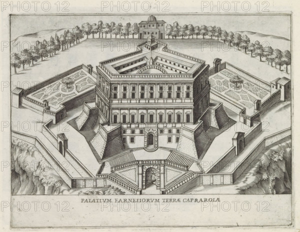 View of Villa Farnese in Caprarola, Palatium Farnesiorum terrae Caprarolae, Famous buildings in Rome and beyond, Palazzi diversi nel'alma cità di Roma, et altre, print, album page, Print is part of an album., number: '21', inscription: 'Ende lib. No. 21. fol. 526 et 527, Ende lib. No. 1. fol. 128. 129., Ende lib. No. 2 fol. 42. 43 et 44.', printmaker: Jacobus Laurus, Rome, publisher: Giovanni Battista de' Rossi, grantor of privilege: Urbanus VIII, Vatican City, 1638, Jacobus Laurus, Giovanni Battista de' Rossi, Urbanus VIII, printmaker, publisher, grantor of privilege, paper, etching, height 177 mm x width 235 mm, Print is part of a series of prints (title print) of famous buildings in Rome and elsewhere., villa, Caprarola, Villa Farnese, A detailed black and white architectural engraving shows a large multi-story building with a symmetrical façade and many rectangular windows, set within geometric terraced walls and angular ramparts; formal gardens with patterned beds and central tree...