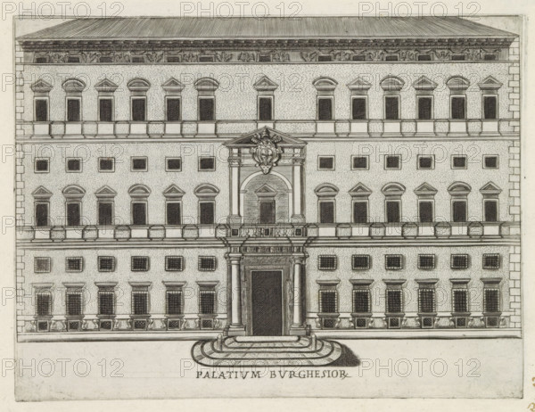 Palatium Burghesior, Façade of Palazzo Borghese in Rome, Famous buildings in Rome and beyond, Palazzi diversi nel'alma cità di Roma, et altre, print, album page, Print is part of an album., inscription: 'Ende lib. No. 23. fol. 460., End lib. No. 21. fol. 353 et 354...', number: '22', printmaker: Jacobus Laurus, Rome, publisher: Giovanni Battista de' Rossi, grantor of privilege: Urban VIII, Vatican City, 1638, Jacobus Laurus, Giovanni Battista de' Rossi, Urbanus VIII, printmaker, publisher, granter of privilege, paper, etching, ets, height 181 mm x width 239 mm, Print is part of a series of prints (title print) of famous buildings in Rome and elsewhere, façade (or house or building), hôtel, i.e. small palace in city, Palazzo Borghese, A frontal architectural drawing of a multi-story stone facade with a central ornate doorway approached by semicircular steps, flanked by pairs of columns and a decorative pediment above the entrance featuring sculpted ornamentation. The facade shows rows o...
