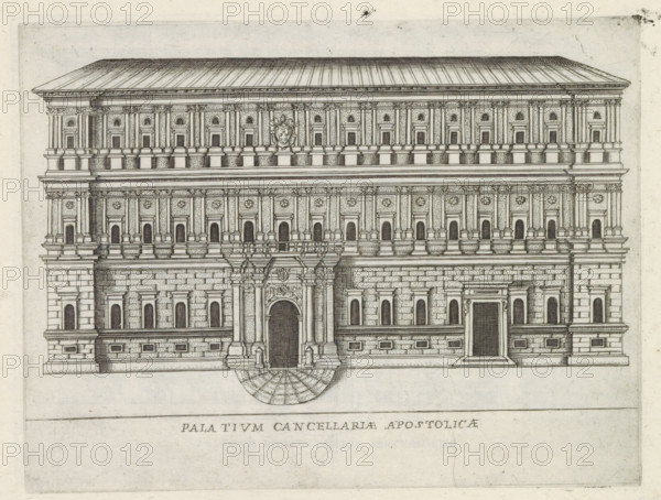 Façade of a Roman palace, Palatium Cancellariae Apostolicae, Famous buildings in Rome and beyond, Palazzi diversi nel'alma cità di Roma, et altre, print, album page, Print is part of an album., inscription: 'Ende lib. No. 23. fol. 258. 259. 455, Ende lib. No. 21. fol. 222 et 223., Ende lib. No. 2. fol. 24.', number: '23', printmaker: Jacobus Laurus, Rome, publisher: Giovanni Battista de' Rossi, grantor of privilege: Urbanus VIII, Vatican City, 1638, Jacobus Laurus, Giovanni Battista de' Rossi, Urbanus VIII, printmaker, publisher, grantor of privilege, paper, etching, height 180 mm x width 235 mm, Print is part of a series of prints (title print) of famous buildings in Rome and elsewhere., façade (of house or building), hôtel, i.e. small palace in city, A detailed architectural engraving of a large ornate façade showing multiple horizontal stories with rows of arched windows and decorative pilasters, a central elaborate doorway with carved surrounds and columns, rusticated lower masonry...