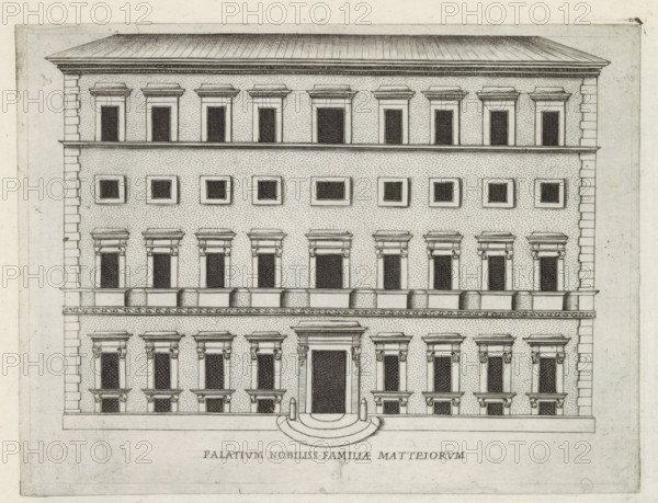 Palatium nobiliss. familiae Matteiorum, Façade of Villa Celimontana in Rome, Famous buildings in Rome and beyond, Palazzi diversi nel'alma cità di Roma, et altre, print, album page, Print is part of an album., inscription: 'Ende lib. No. 23. fol. 295., End lib. No. 21. fol. 389., End lib. No. 2. fol. 32.', number: '24', printmaker: Jacobus Laurus, Rome, publisher: Giovanni Battista de' Rossi, grantor of privilege: Urbanus VIII, Vatican City, 1638, Jacobus Laurus, Giovanni Battista de' Rossi, Urbanus VIII, printmaker, publisher, grantor of privilege, paper, etching, height 180 mm x width 236 mm, Print is part of a series of prints (title print) of famous buildings in Rome and elsewhere., façade (of house or building), hôtel, i.e. small palace in city, Villa Celimontana, An architectural elevation drawing of a multi-story classical building rendered in fine black lines on a light background, showing a symmetrical facade with a large central doorway accessed by a curved set of steps and f...