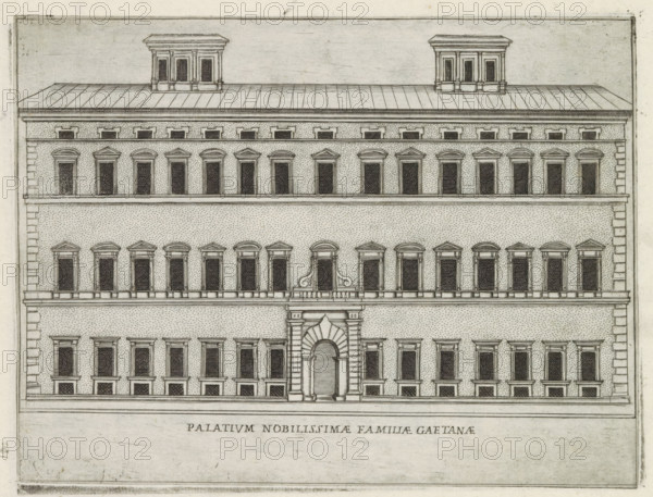 Façade of Palazzo Caetani in Rome, Palatium nobilissimae familiae Gaetanae, Famous buildings in Rome and beyond, Palazzi diversi nel'alma cità di Roma, et altre, print, album page, Print is part of an album., inscription: 'Ende lib. No. 23. fol. 110 et 111., Ende lib. No. 21. fol. 334., Endelib. No. 2 fol. 17.', number: '26', printmaker: Jacobus Laurus, Rome, after design by Bartolomeo Ammannati, publisher: Giovanni Battista de' Rossi, grantor of privilege: Urban VIII, Vatican City, 1638, Jacobus Laurus, Bartolomeo Ammannati, Giovanni Battista de' Rossi, Urbanus VIII, printmaker, after design by, publisher, granter of privilege, paper, etching, height 178 mm x width 236 mm, Print is part of a series of prints (title print) of famous buildings in Rome and elsewhere., façade (or house or building), hôtel, ie small palace in city, Palazzo Caetani, A rectangular architectural elevation of a multi-story stone building is shown, with a symmetrical façade featuring rows of evenly spaced tall ...