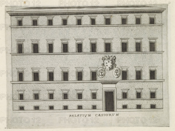 Palatium Caesiorum, Façade of a palazzo in Rome, Famous buildings in Rome and beyond, Palazzi diversi nel'alma cità di Roma, et altre, print, album page, Print is part of an album., number: '27', inscription: 'Ende lib. No. 19. fol. 25. 27. 37. 38. 39. 41. 48. 49. 55...', printmaker: Jacobus Laurus, Rome, publisher: Giovanni Battista de' Rossi, grantor of privilege: Urbanus VIII, Vatican City, 1638, Jacobus Laurus, Giovanni Battista de' Rossi, Urbanus VIII, printmaker, publisher, grantor of privilege, paper, etching, height 180 mm x width 240 mm, Print is part of a series of prints (title print) of famous buildings in Rome and elsewhere., façade (of house or building), hôtel, i.e. small palace in city, A detailed black and white architectural drawing of a multi-story building facade with rows of rectangular windows set into a textured masonry surface, each window framed by pronounced lintels and recessed dark interiors, horizontal cornices separating the floors, a tall central doorway ...