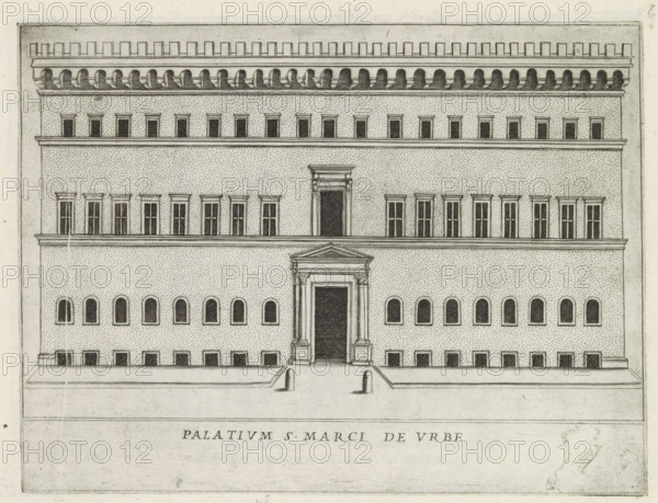 Palatium S. Marci de urbe, Façade of a palazzo in Rome, Famous buildings in Rome and beyond, Palazzi diversi nel'alma cità di Roma, et altre, print, album page, Print is part of an album., inscription: 'Ende lib. No. 23. fol. 147 et 826, Ende lib. no. 21. fol. 378 et 399...', number: '28', printmaker: Jacobus Laurus, Rome, publisher: Giovanni Battista de' Rossi, grantor of privilege: Urbanus VIII, Vatican City, 1638, Jacobus Laurus, Giovanni Battista de' Rossi, Urbanus VIII, printmaker, publisher, grantor of privilege, paper, etching, height 177 mm x width 236 mm, Print is part of a series of prints (title print) of famous buildings in Rome and elsewhere., façade (of house or building), hôtel, i.e. small palace in city, A detailed architectural elevation of a multi-story building rendered in black ink on aged paper, showing a symmetrical façade with rows of rectangular and arched windows, a central ornate doorway with classical columns and a triangular pediment above it, a shallow stai...