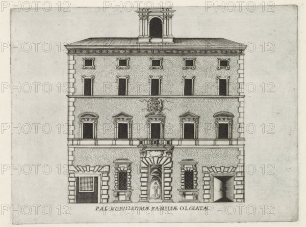 Façade of Palazzo Olgiati in Rome, Pal. nobilissimae familiae Olgiatae, Famous buildings in Rome and beyond, Palazzi diversi nel'alma cità di Roma, et altre, print, album page, Print is part of an album., inscription: 'Ende lib. No. 21. fol. 522.', number: '29', printmaker: Jacobus Laurus, Rome, publisher: Giovanni Battista de' Rossi, grantor of privilege: Urbanus VIII, Vatican City, 1638, Jacobus Laurus, Giovanni Battista de' Rossi, Urbanus VIII, printmaker, publisher, grantor of privilege, paper, etching, height 179 mm x width 237 mm, Print is part of a series of prints (title print) of famous buildings in Rome and elsewhere., façade (of house or building), hôtel, i.e. small palace in city, A detailed architectural elevation of a multi-story stone building with a symmetrical façade, showing rows of rectangular windows each with decorative frames and small ornamental elements, a balustraded balcony centered on the middle level, and a prominent central entrance flanked by rusticated st...