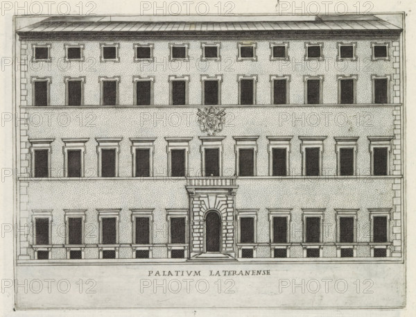 Façade of the Lateran Palace in Rome, Palatium Lateranense, Famous buildings in Rome and beyond, Palazzi diversi nel'alma cità di Roma, et altre, print, album page, Print is part of an album., number: '30', inscription: 'Ende lib. No. 23. fol. 4., End lib. No. 21. fol. 442. 431 et 452...', printmaker: Jacobus Laurus, Rome, publisher: Giovanni Battista de' Rossi, grantor of privilege: Urbanus VIII, Vatican City, 1638, Jacobus Laurus, Giovanni Battista de' Rossi, Urbanus VIII, printmaker, publisher, grantor of privilege, paper, etching, height 177 mm x width 236 mm, Print is part of a series of prints (title print) of famous buildings in Rome and elsewhere., façade (of house or building), hôtel, i.e. small palace in city, Lateran Palace, A detailed ink drawing of a symmetrical multi-story building facade with a flat roof and a decorative cornice, rows of uniformly spaced rectangular windows with dark interiors and molded surrounds on each level, a central ornate entrance featuring a roun...
