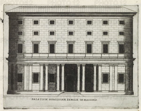 Façade of Palazzo Massimo alle Colonne in Rome, Palatium Nobilissimae familiae de Massimis, Famous buildings in Rome and beyond, Palazzi diversi nel'alma cità di Roma, et altre, print, album page, Print is part of an album., number: '31', inscription: 'Ende lib. No. 23. fol. 218., End lib. no. 21. fol. 237...', printmaker: Jacobus Laurus, Rome, publisher: Giovanni Battista de' Rossi, grantor of privilege: Urban VIII, Vatican City, 1638, Jacobus Laurus, Giovanni Battista de' Rossi, Urbanus VIII, printmaker, publisher, granter of privilege, paper, etching, height 180 mm x width 238 mm, Print is part of a series of prints (title print) of famous buildings in Rome and elsewhere., façade (or house or building), hôtel, ie small palace in city, Palazzo Massimo alle Colonne, A symmetrical architectural elevation of a multi-story stone building with a flat roof and pronounced cornice, a regular grid of square windows across the upper facade, a row of taller rectangular openings with decorative ...