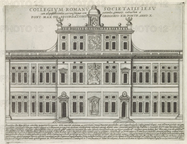 Collegium Romanu societatis Iesu, Façade of the Collegio Romano in Rome, Famous buildings in Rome and beyond, Palazzi diversi nel'alma cità di Roma, et altre, print, album page, Print is part of an album., number: '32', inscription: 'Ende lib. No. 23. fol. 181 et 182. Ende lib. No. 1. fol. 7...', printmaker: Jacobus Laurus, Rome, publisher: Giovanni Battista de' Rossi, grantor of privilege: Urbanus VIII, Vatican City, 1638, Jacobus Laurus, Giovanni Battista de' Rossi, Urbanus VIII, printmaker, publisher, grantor of privilege, paper, etching, height 178 mm x width 236 mm, Print is part of a series of prints (title print) of famous buildings in Rome and elsewhere., Person, Gregory XIII, façade (of house or building), university building, college, Collegio Romano, A detailed architectural engraving of a symmetrical multi-story façade with rows of rectangular windows, decorative panels, and framed doorways; a central section features ornate crest relief and a small niche with a statue abov...