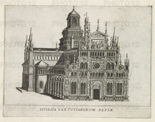 Certosa di Pavia, Ecclesia Cartusianorum papiae, Famous buildings in Rome and beyond, Palazzi diversi nel'alma cità di Roma, et altre, print, album page, View of the church of the Certosa di Pavia Monastery in Lombardy. Print is part of an album., number: '33', printmaker: Jacobus Laurus, Rome, publisher: Giovanni Battista de' Rossi, grantor of privilege: Urbanus VIII, Vatican City, 1638, Jacobus Laurus, Giovanni Battista de' Rossi, Urbanus VIII, printmaker, publisher, grantor of privilege, paper, etching, height 179 mm x width 237 mm, Print is part of a series of prints (title print) of famous buildings in Rome and elsewhere., church (exterior), Lombardy, A detailed black and white architectural engraving of a large ornate building with a richly decorated multi-level façade featuring arched windows, carved panels, sculpted figures, and circular window motifs, flanked by slender spires topped with decorative finials; the structure extends back into a complex of towers, domes, rounded a...