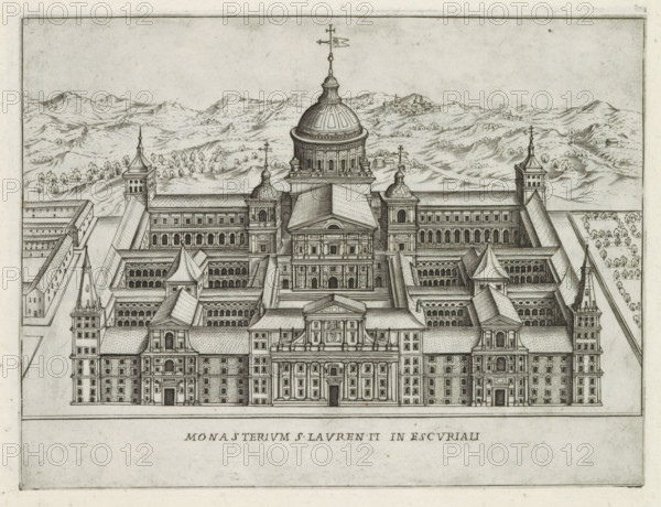 Monasterium S. Laurenti in Escuriali, Escorial in San Lorenzo de El Escorial, Famous buildings in Rome and beyond, Palazzi diversi nel'alma cità di Roma, et altre, print, album page, View of the abbey complex the Escorial in San Lorenzo de El Escorial in Spain. Print is part of an album., number: '34', printmaker: Jacobus Laurus, Rome, publisher: Giovanni Battista de' Rossi, grantor of privilege: Urbanus VIII, Vatican City, 1638, Jacobus Laurus, Giovanni Battista de' Rossi, Urbanus VIII, printmaker, publisher, grantor of privilege, paper, etching, height 179 mm x width 237 mm, Print is part of a series of prints (title print) of famous buildings in Rome and elsewhere., abbey, monastery, convent, Roman Catholic church, castle, Comunidad de Madrid, Escorial, San Lorenzo de El Escorial, A detailed black and white architectural engraving showing a large symmetrical complex with a central domed building flanked by multiple towers and wings, featuring rows of arched windows, pitched roofs, a...