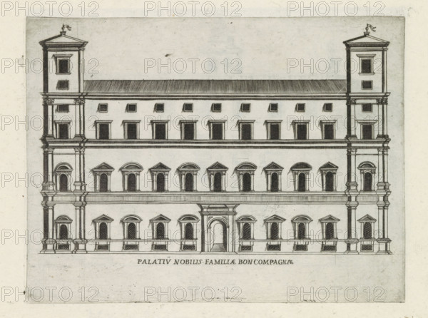 Palatiu nobilis familiae Boncompagnae, Façade of Palazzo Boncompagni in Rome, Famous buildings in Rome and beyond, Palazzi diversi nel'alma cità di Roma, et altre, print, album page, Print is part of an album., number: '35', inscription: 'Ende lib. No. 23. fol. 815.', printmaker: Jacobus Laurus, Rome, publisher: Giovanni Battista de' Rossi, grantor of privilege: Urbanus VIII, Vatican City, 1638, Jacobus Laurus, Giovanni Battista de' Rossi, Urbanus VIII, printmaker, publisher, grantor of privilege, paper, etching, height 180 mm x width 239 mm, Print is part of a series of prints (title print) of famous buildings in Rome and elsewhere., façade (of house or building), hôtel, i.e. small palace in city, Palazzo Boncompagni, A detailed architectural elevation shows a symmetrical multi-story stone building with two taller end towers and a central entrance framed by pilasters and an arched doorway. The facade features rows of rectangular and arched window openings with decorative surrounds and...