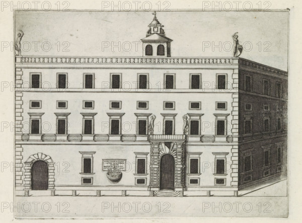 Façade of a palazzo in Rome, Palazzo del illustrissimo, nator di Roma, Famous buildings in Rome and beyond, Palazzi diversi nel'alma cità di Roma, et altre, print, album page, Print is part of an album., inscription: 'Palazzo del illustrissimo ...nator di Roma', number: '36', printmaker: Jacobus Laurus, Rome, publisher: Giovanni Battista de' Rossi, grantor of privilege: Urbanus VIII, Vatican City, 1638, Jacobus Laurus, Giovanni Battista de' Rossi, Urbanus VIII, printmaker, publisher, grantor of privilege, paper, etching, height 180 mm x width 238 mm, Print is part of a series of prints (title print) of famous buildings in Rome and elsewhere., facade (or house or building), hôtel, ie small palace in city, A detailed architectural etching of a multi-story classical building facade with evenly spaced rectangular windows and molded surrounds, a central ornate arched doorway with heavy rusticated stonework and a small set of steps, a balcony above the entrance flanked by standing statues, a...