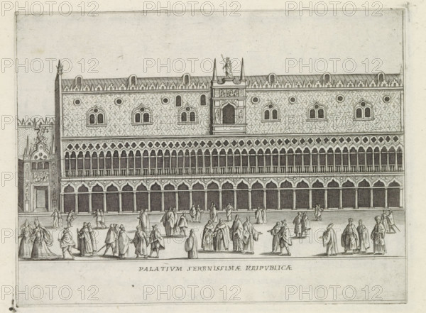 Façade of the Doge's Palace in Venice, Palatium serenissimae reipublicae, Famous buildings in Rome and beyond, Palazzi diversi nel'alma cità di Roma, et altre, print, album page, Print is part of an album., number: '37', printmaker: Jacobus Laurus, Rome, publisher: Giovanni Battista de' Rossi, provider of privilege: Urban VIII, Vatican City, 1638, Jacobus Laurus, Giovanni Battista de' Rossi, Urban VIII, provider of privilege, paper, etching, height 176 mm x width 235 mm, Print is part of a series of prints (title print) of famous buildings in Rome and elsewhere, palace, facade (or house or building), Venice, Doge's Palace, An architectural engraving of a large ornate building facade with patterned upper walls and rows of arched openings, a decorative balustrade and a central raised balcony topped by a statue, flanked by slender spires and round windows; below, a long arcade with repeated arches and columns opens onto a paved forecourt where many clothed figures in period dress walk, st...