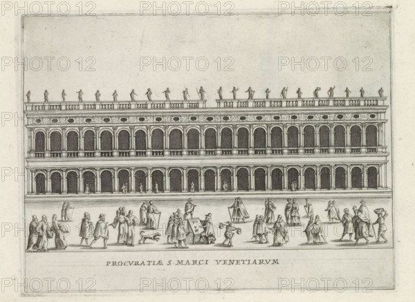 Procuratiae S. Marci Venetiarum, Façade of the Biblioteca Marciana in Venice, Famous buildings in Rome and beyond, Palazzi diversi nel'alma cità di Roma, et altre, print, album page, Print is part of an album., number: '38', printmaker: Jacobus Laurus, Rome, publisher: Giovanni Battista de' Rossi, grantor of privilege: Urban VIII, Vatican City, 1638, Jacobus Laurus, Giovanni Battista de' Rossi, Urbanus VIII, printmaker, publisher, granter of privilege, paper, etching, height 177 mm x width 235 mm, Print is part of a series prints (title print) of famous buildings in Rome and elsewhere, facade (of house or building), public library, Venice, Biblioteca Marciana, A wide architectural elevation shows a multi-story classical building with rows of arched openings and columns forming a repetitive arcade on each level, a balustraded roofline topped by small standing statues, and decorative frieze details beneath the upper balustrade; in front of the building on a paved open area numerous small...