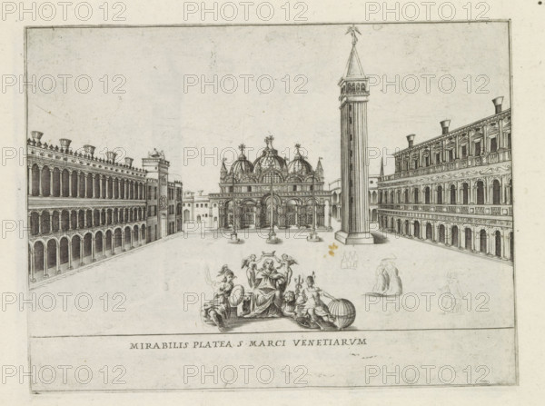 Square des San Marco in Venice, Mirabilis platea S. Marci Venetiarum, Famous buildings in Rome and beyond, Palazzi diversi nel'alma cità di Roma, et altre, print, album page, View of the Square des San Marco with St. Mark's and the Campanile di San Marco in Venice. In the foreground, a female figure, seated on two lions, is crowned by two angels. She is flanked on either side by a female personification. Print is part of an album., number: '39', printmaker: Jacobus Laurus, Rome, publisher: Giovanni Battista de' Rossi, grantor of privilege: Urbanus VIII, Vatican City, 1638, Jacobus Laurus, Giovanni Battista de' Rossi, Urbanus VIII, grantor of privilege, paper, etching, height 180 mm x width 240 mm, Print is part of a series of prints (title print) of famous buildings in Rome and elsewhere., square, circus, church (exterior), parts of church exterior and annexes: campanile, Venice, Basilica of San Marco, St. Mark's Square, Campanile di San Marco, An architectural engraving showing a wide...