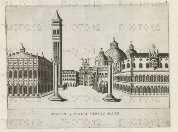 Platea S. Marci versus mare, Corner of St. Mark's Square with the Doge's Palace and the Column with the Lion of Venice, Famous buildings in Rome and beyond, Palazzi diversi nel'alma cità di Roma, et altre, print, album page, View of the corner of St. Mark's Square with the Doge's Palace and the Column with the Lion of Venice. At this corner, St. Mark's Square and the Riva degli Schiavone intersect. Print is part of an album., number: '40', printmaker: Jacobus Laurus, Rome, publisher: Giovanni Battista de' Rossi, grantor of privilege: Urbanus VIII, Vatican City, 1638, Jacobus Laurus, Giovanni Battista de' Rossi, Urbanus VIII, grantor of privilege, paper, etching, height 178 mm x width 236 mm, Print is part of a series of prints (title print) of famous buildings in Rome and elsewhere., square, circus, church (exterior), city-view, and landscape with man-made constructions, parts of church exterior and annexes: campanile, Venice, Basilica of San Marco, Doge's Palace, St. Mark's Square, Ca...