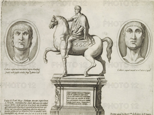 Portrait busts of Emperor Constantine and the equestrian statue of Emperor Marcus Aurelius, Sculptures from antiquity, print, album page, Print is part of an album., number: '52', inscription: 'Ende lib. No. 4 fol. 98. lib. No. 12 fol. 11. No. 23...', Italy, publisher: Giovanni Battista de' Rossi, Rome, publisher: Antonio Salamanca, grantor of privilege: Urban VIII, Vatican City, 1538, 1641, Giovanni Battista de' Rossi, Antonio Salamanca, Urban VIII, printmaker, grantor of privilege, paper, engraving, height 180 mm x width 238 mm, This print is part of a series of at least 19 prints of sculptures from antiquity. The sculptures are located in the Capitoline Museums in Rome., Person, Marcus Aurelius (Emperor of the Roman Empire), Constantine II (Emperor of the Roman Empire), piece of sculpture, reproduction of a piece of sculpture, historical persons, A detailed engraving shows a large equestrian statue of a robed man seated on a prancing horse atop a multi-tiered pedestal, with the hors...